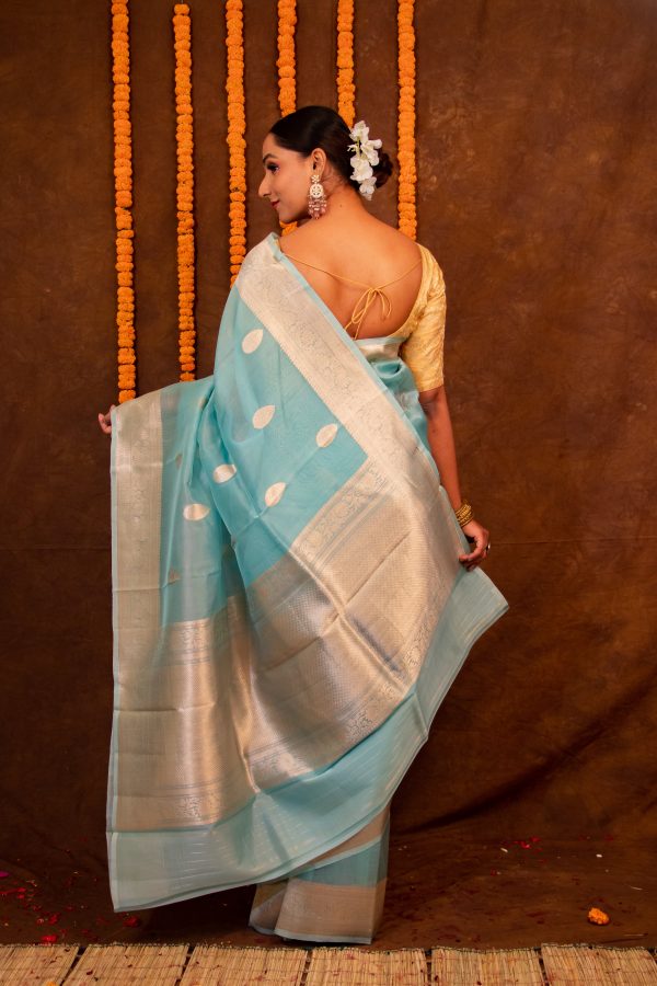 Sky Blue Pure Kora Saree For Discount