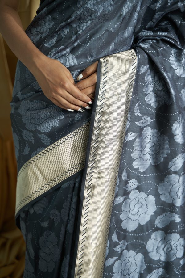 Chaanv  Grey Pure Satin Silk Saree Sale