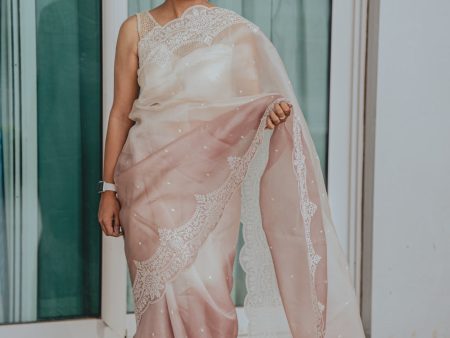 Beige Plain Organza Saree For Cheap