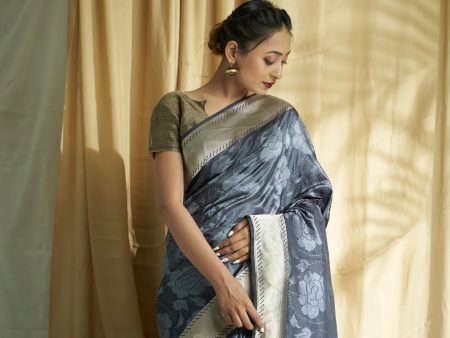 Chaanv  Grey Pure Satin Silk Saree Sale