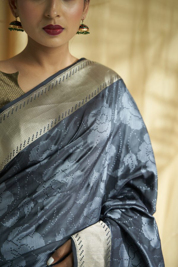 Chaanv  Grey Pure Satin Silk Saree Sale