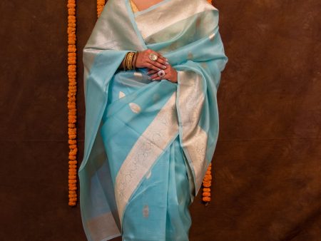 Sky Blue Pure Kora Saree For Discount