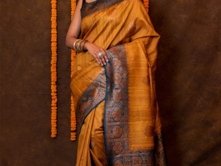 Mustard Yellow Pure Tusser Saree Sale