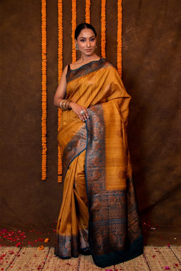 Mustard Yellow Pure Tusser Saree Sale