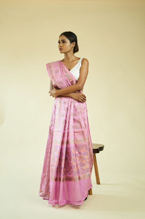 Pure Handloom Tanchoi Satin Silk Saree In Pink Colour Discount