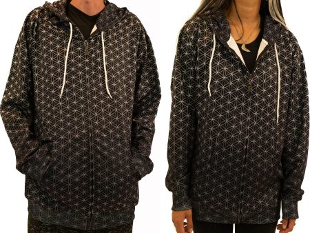 Black and Silver Flower of Life Zip Up Hoodie For Cheap