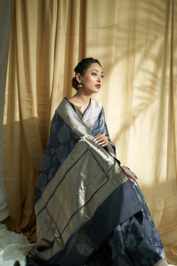 Chaanv  Grey Pure Satin Silk Saree Sale