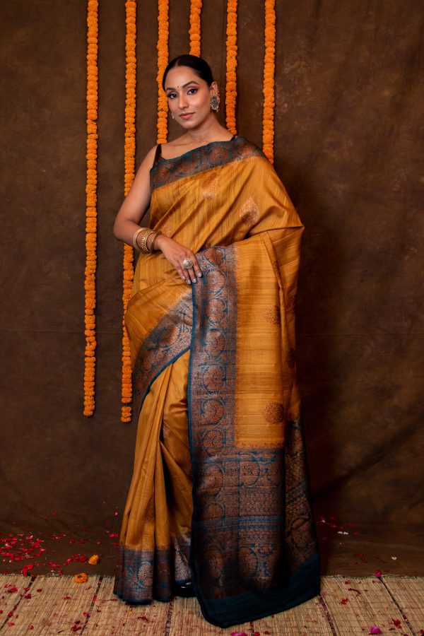 Mustard Yellow Pure Tusser Saree Sale