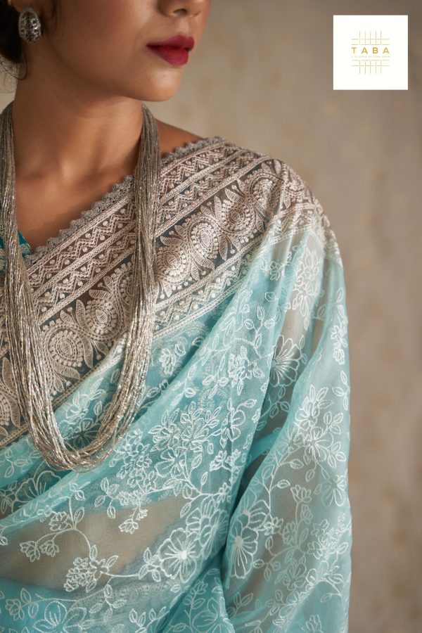 Aqua Blue Kora Embroidery Saree Online Sale