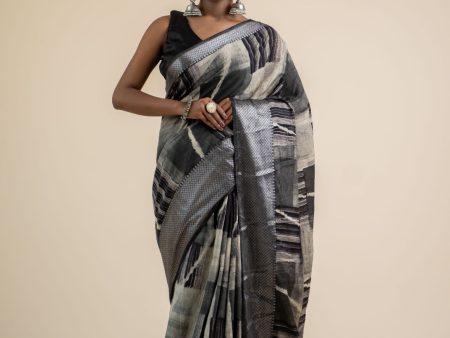 Hand-block printed Black and Grey Pashmina Cotton Saree Hot on Sale