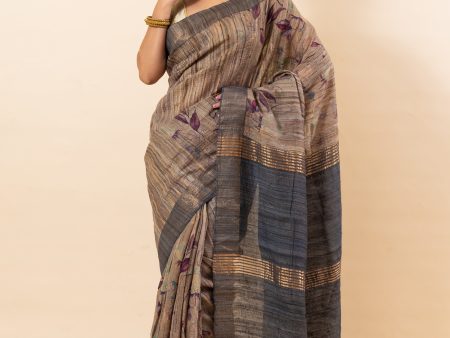 Dark Grey and Brown Tusser Silk Saree Hot on Sale