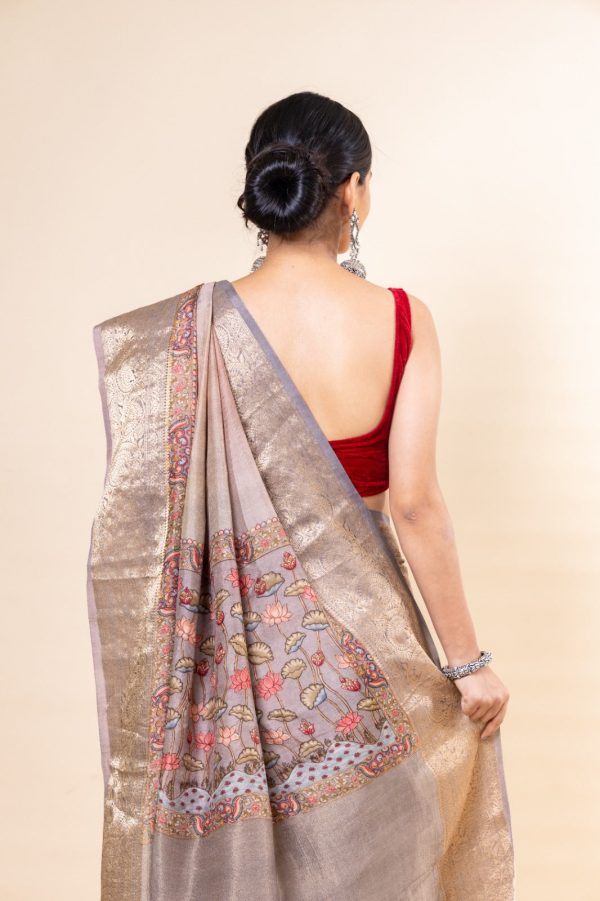 Grey and Pink shaded Russian Silk Saree Discount