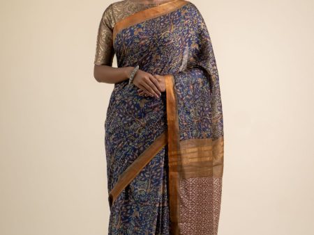 Digitally Printed Navy Blue Munga Silk Saree Supply