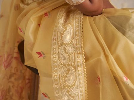 Yellow Multi - Colour Buti Kora Embroidery Saree Discount