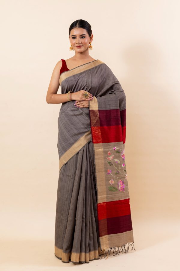 Ash Grey Tusser Saree Online