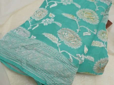 Aqua Blue Khaddi Chiffon Saree with Silver Zari Jaal Hot on Sale