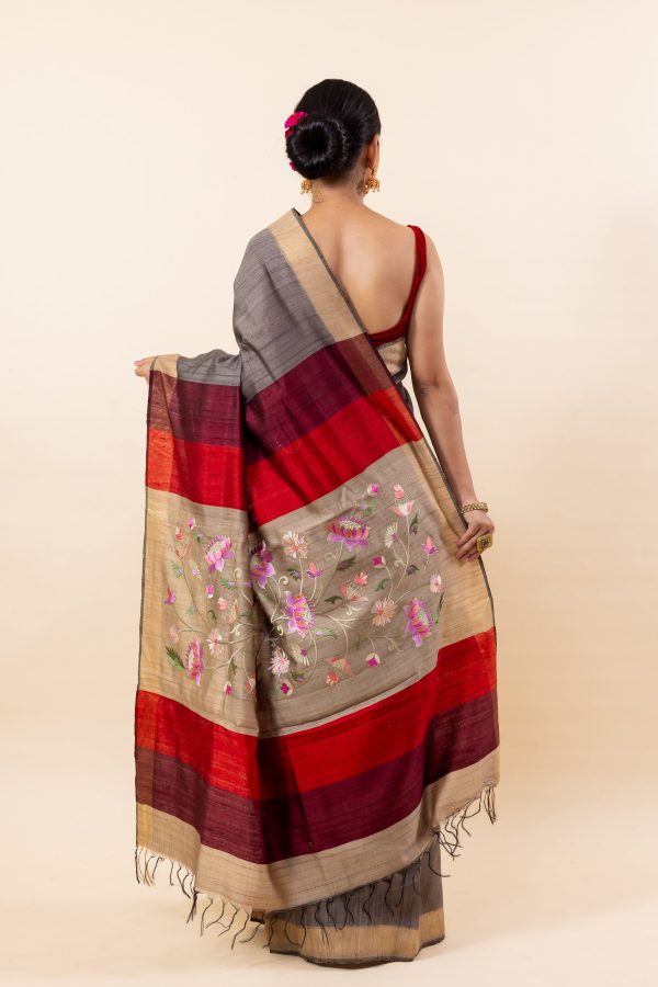 Ash Grey Tusser Saree Online