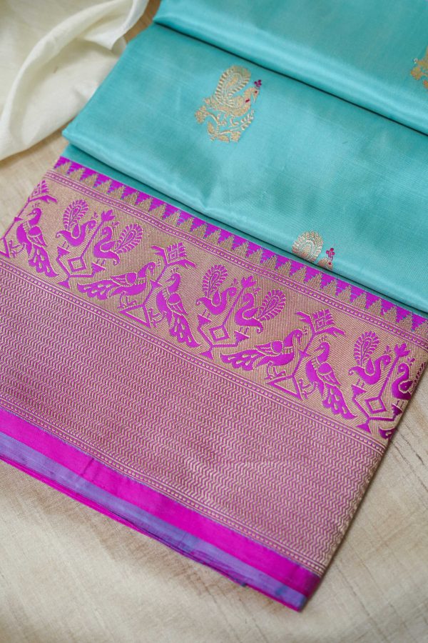 Aqua Katan Silk Jari Border Saree Sale