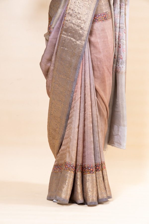 Grey and Pink shaded Russian Silk Saree Discount