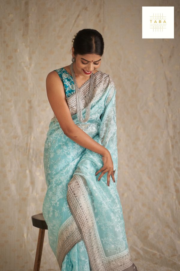 Aqua Blue Kora Embroidery Saree Online Sale