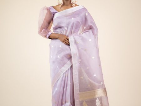 Lavender Handloom Kora Saree with Sona Rupa Buti For Discount