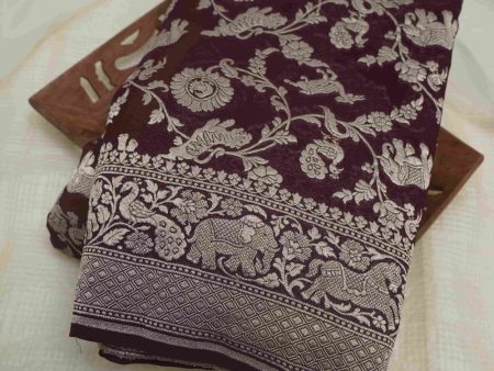 Dark Wine Khaddi Chiffon Saree with Shikargah Jaal Online Sale