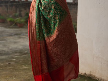 Bottle Green Shikargah Pot Antique Zari Saree Cheap