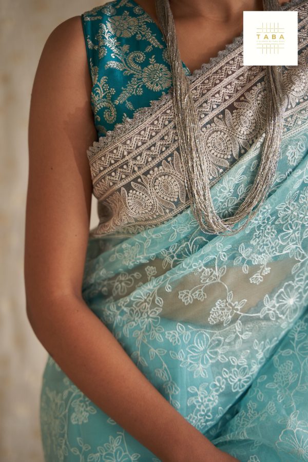 Aqua Blue Kora Embroidery Saree Online Sale