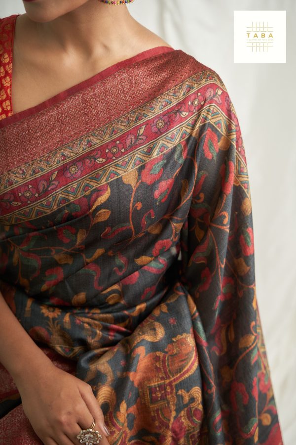 Black Base Multi Kalamkari Tusser Saree Discount