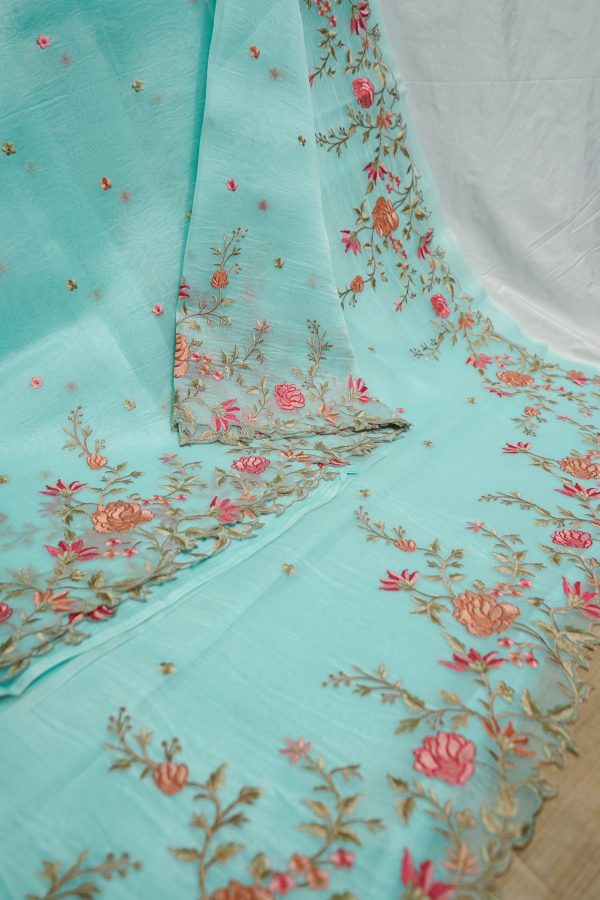 Aqua Blue Kora Resham Saree For Sale