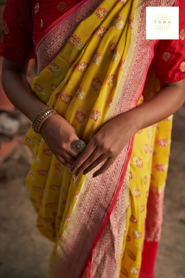 Bright Yellow Red Border Meenadar Buta Fekua Saree Online Hot Sale