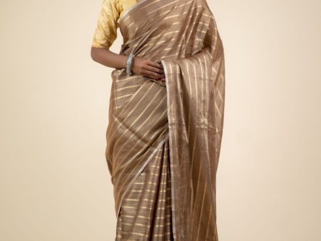 Brown Katan Tissue Stripe Saree Hot on Sale