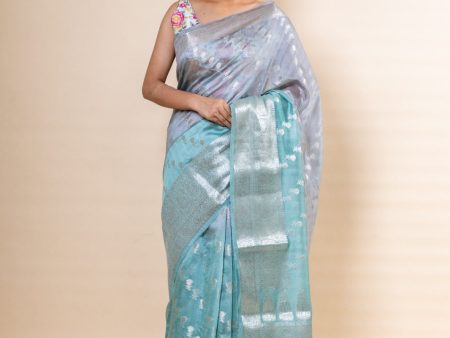 Grey and Blue Pure Chiniya Silk Saree Sale