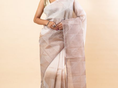 Chiku Cream Kora Embroidered Saree For Cheap