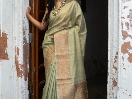 Pure Tusser Plain Saree With Antique Zari Border For Cheap