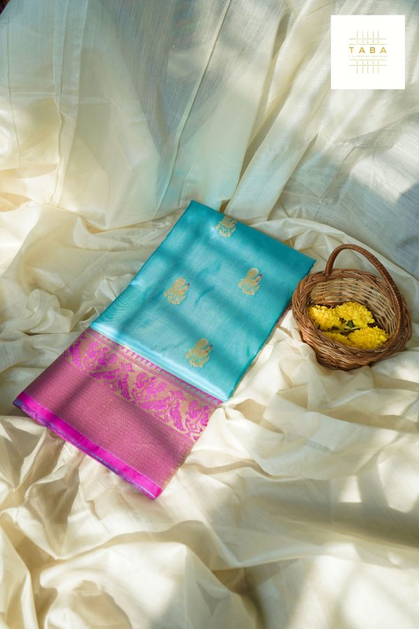 Aqua Katan Silk Jari Border Saree Sale