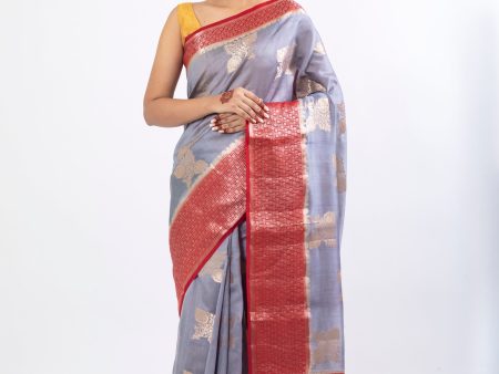 Grey Chiniya Silk Saree with buta and contrast border on Sale