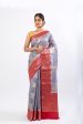 Grey Chiniya Silk Saree with buta and contrast border on Sale