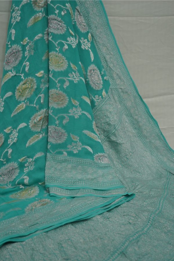 Aqua Blue Khaddi Chiffon Saree with Silver Zari Jaal Hot on Sale