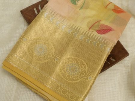 Peach Lemon Chiniya Silk Saree For Discount