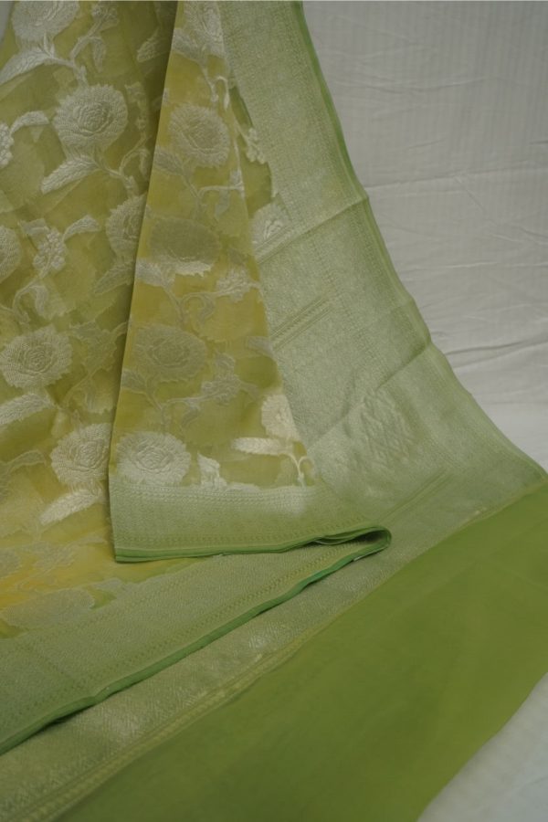 Light Green Lemon Kora Saree with Silver Zari Jaal Fashion