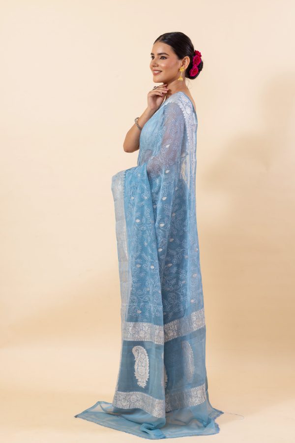 Bluish Grey Chiffon Saree Online Sale