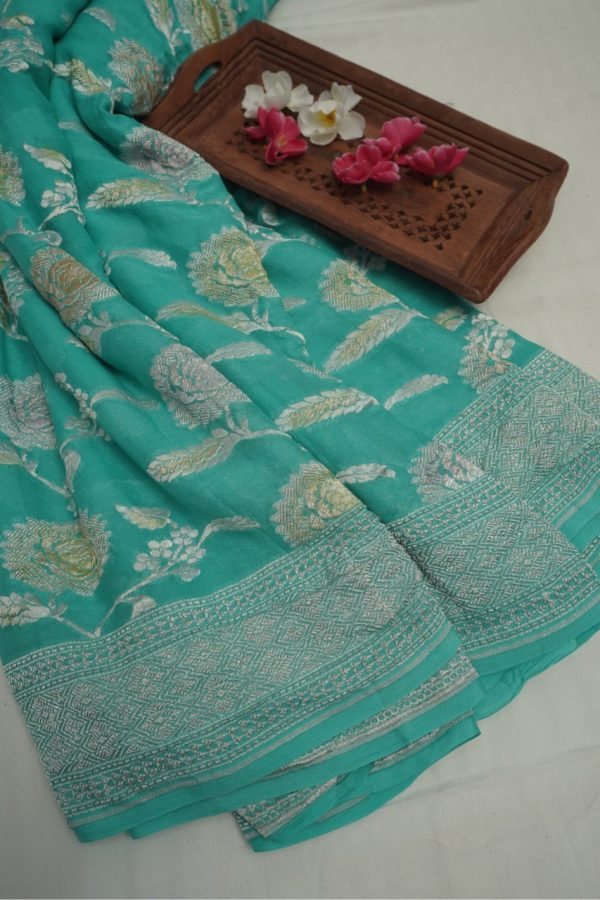 Aqua Blue Khaddi Chiffon Saree with Silver Zari Jaal Hot on Sale