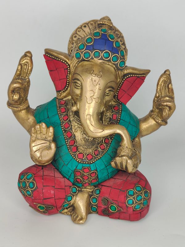 Brass Ganesha Statue- Red, Green and Gold Sale