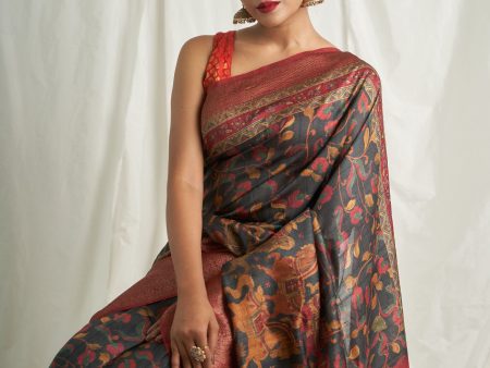 Black Base Multi Kalamkari Tusser Saree Discount