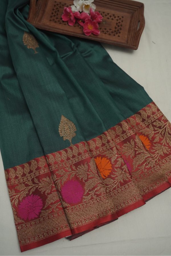 Dark Bottle Green Tussar Saree Fashion