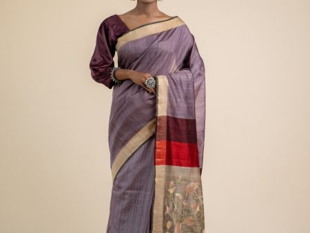 Dusty Mauve Embroidered Tusser Silk Saree Online