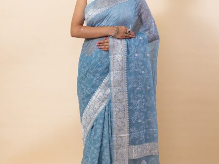 Bluish Grey Chiffon Saree Online Sale