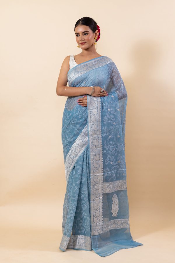 Bluish Grey Chiffon Saree Online Sale