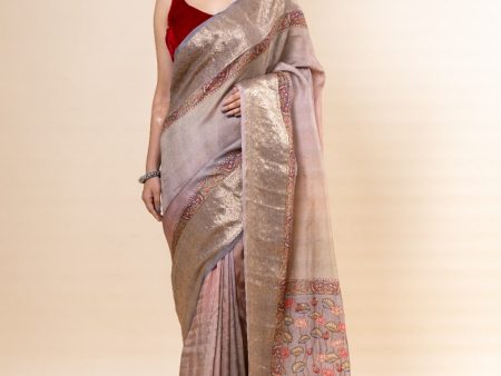 Grey and Pink shaded Russian Silk Saree Discount